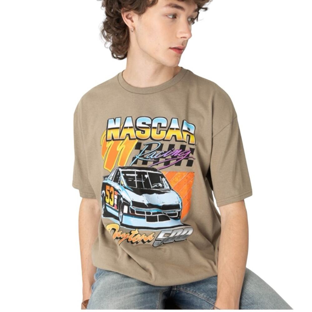 NASCAR Racing Tee Stone Washed Sand Short‎ Sleeve Crew Neck Unisex Large